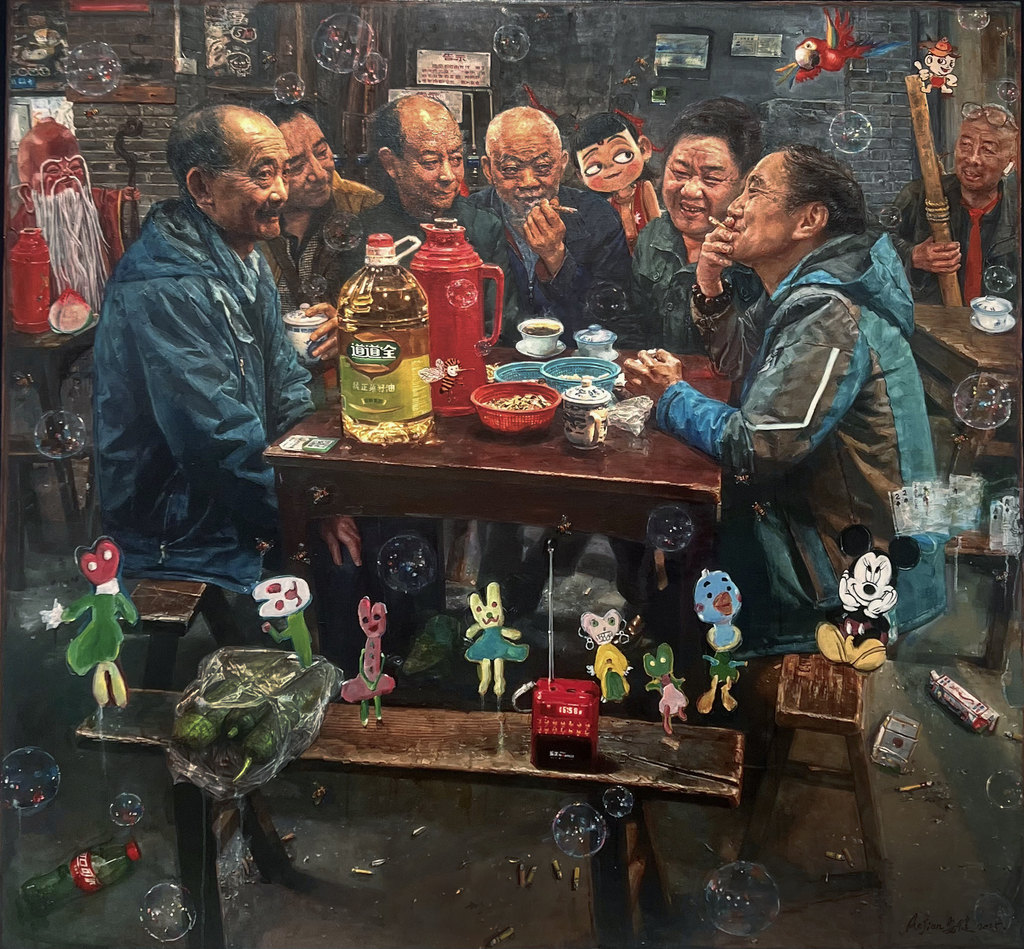 5 陈安健《茶馆系列——趣话当年》 油画